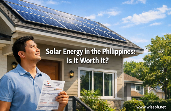 A Filipino homeowner stands in front of his suburban house with solar panels installed on the rooftop, holding a Meralco electricity bill on a sunny day.
