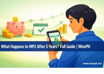 Filipino saver checking MP2 maturity notification on smartphone after completing 5-year term