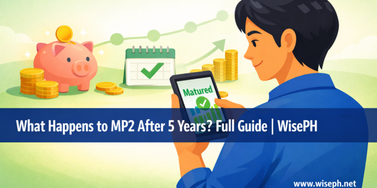 Filipino saver checking MP2 maturity notification on smartphone after completing 5-year term