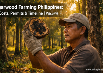 Filipino farmer examining dark resinous agarwood heartwood in a Philippine lapnisan plantation at golden hour