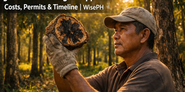 Filipino farmer examining dark resinous agarwood heartwood in a Philippine lapnisan plantation at golden hour