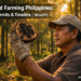 Filipino farmer examining dark resinous agarwood heartwood in a Philippine lapnisan plantation at golden hour