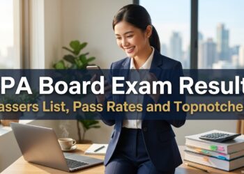 A young Filipino accountancy graduate smiles at her phone beside a desk with a calculator and accounting reviewers, checking the CPA board exam results.