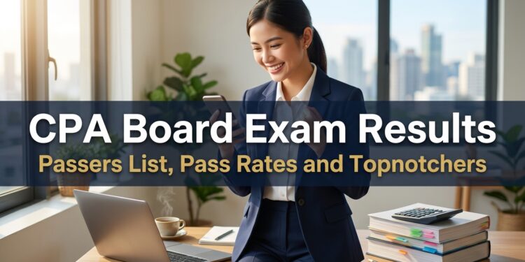 A young Filipino accountancy graduate smiles at her phone beside a desk with a calculator and accounting reviewers, checking the CPA board exam results.