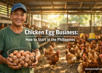 Filipino farmer collecting brown eggs from ISA Brown laying hens in a backyard egg farm in the Philippines.