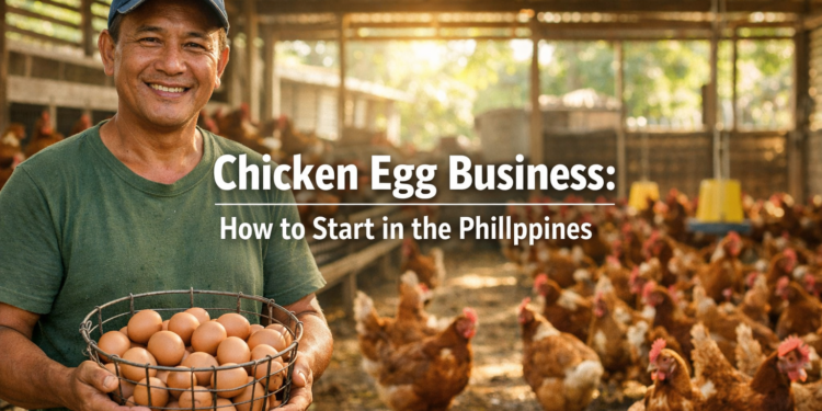 Filipino farmer collecting brown eggs from ISA Brown laying hens in a backyard egg farm in the Philippines.