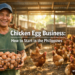 Filipino farmer collecting brown eggs from ISA Brown laying hens in a backyard egg farm in the Philippines.