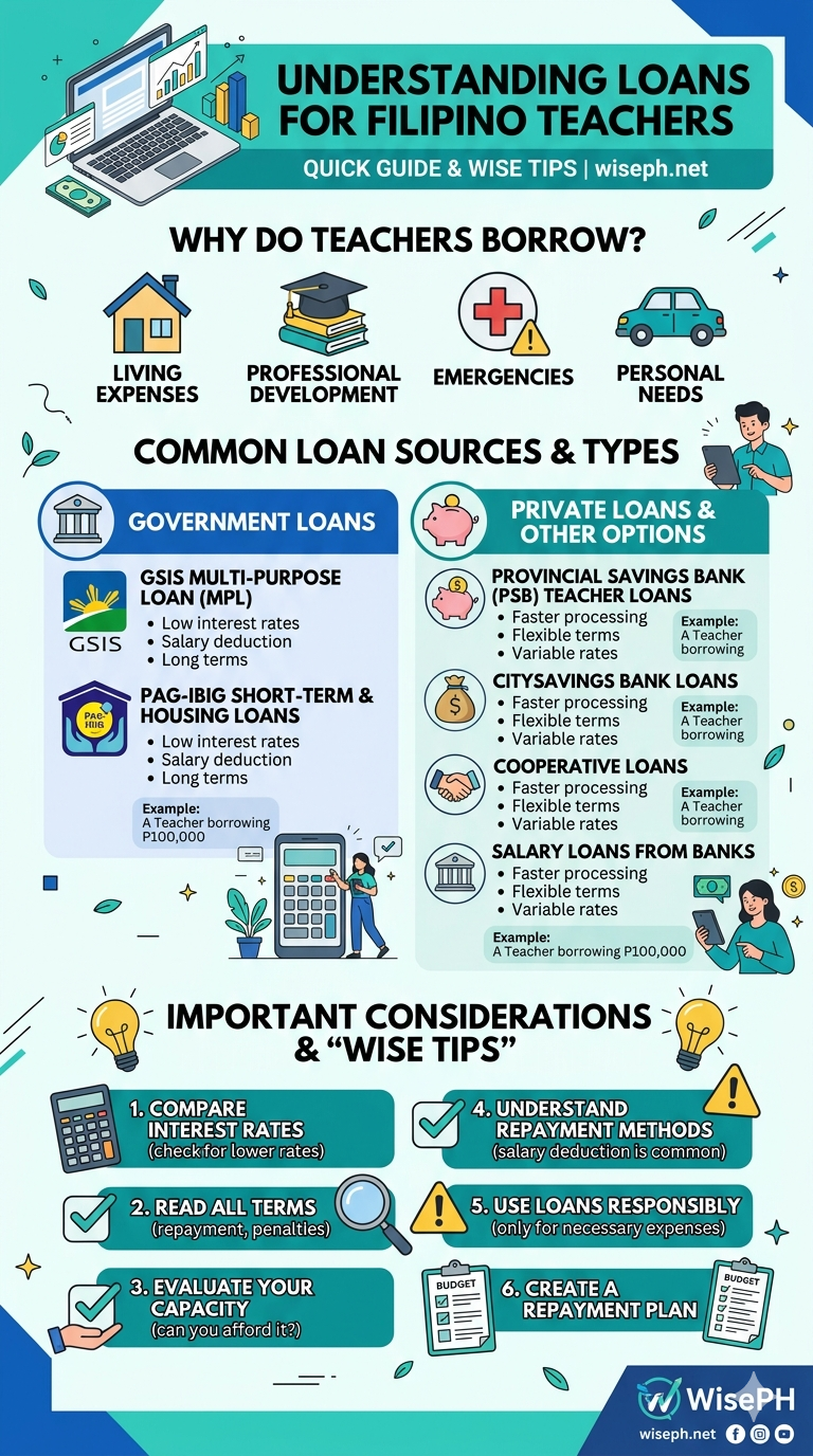 Infographic showing how loans for teachers in the Philippines create a debt cycle that traps DepEd educators on a ₱5,000 monthly take-home pay