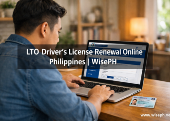 A Filipino adult renewing their LTO driver's license online using a smartphone, with a physical license card on the desk beside them.