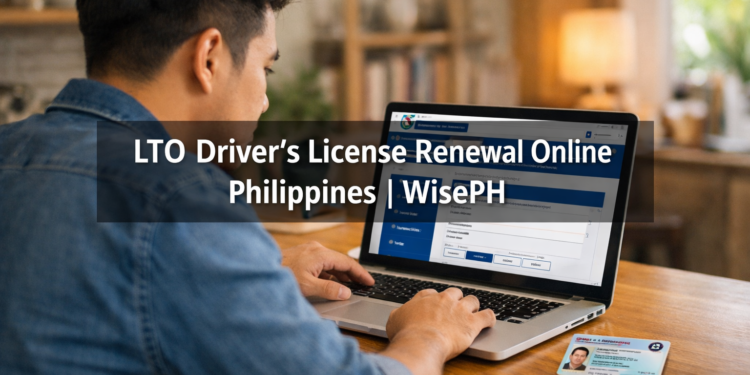 A Filipino adult renewing their LTO driver's license online using a smartphone, with a physical license card on the desk beside them.