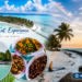 Beautiful Palawan beach collage featuring Patarawan sign, sunset shoreline, and white sandbar with boats; tropical island travel Philippines