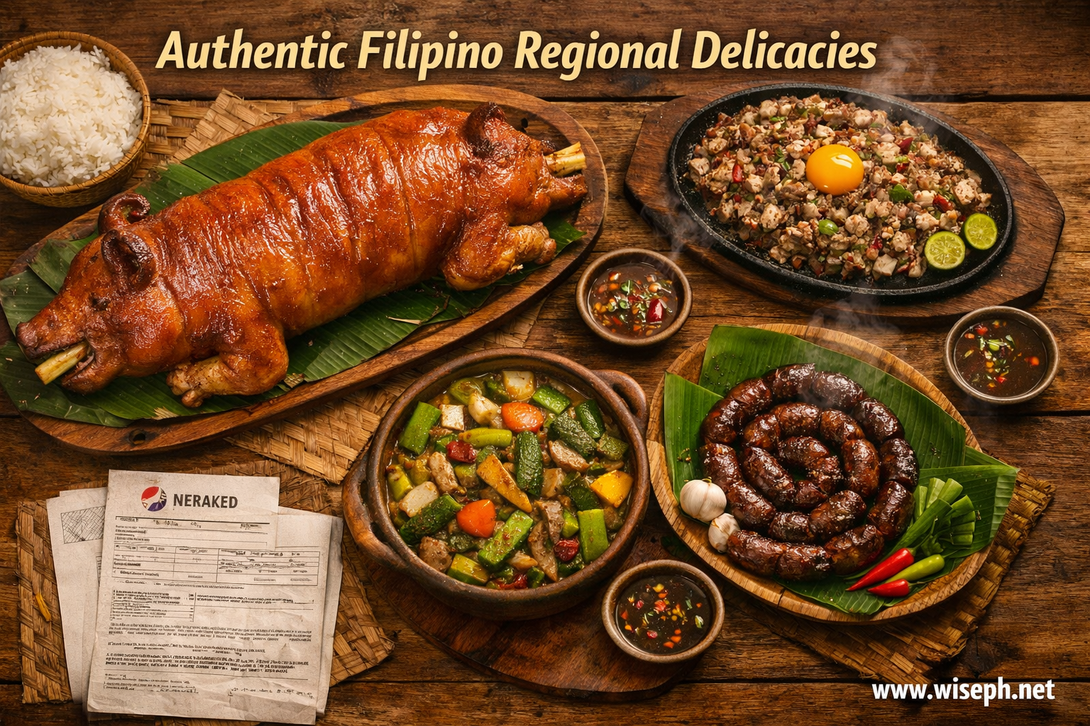 An overhead spread of authentic Filipino regional dishes including lechon baboy, Pampanga sisig, Ilocano
 pakbet, and Vigan longganisa on a rustic wooden table.