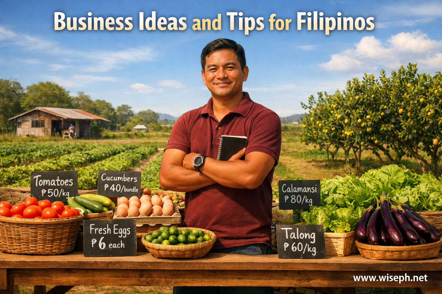 A Filipino small business owner stands in front of a farm plot and produce display, representing practical business ideas and entrepreneurship tips for Filipinos.