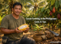 A Filipino farmer holds a freshly harvested ripe cacao pod on a coconut-cacao intercrop farm in Mindanao, Philippines.