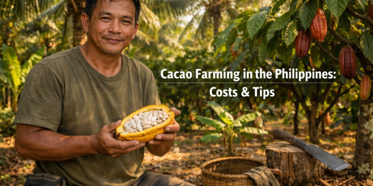 A Filipino farmer holds a freshly harvested ripe cacao pod on a coconut-cacao intercrop farm in Mindanao, Philippines.