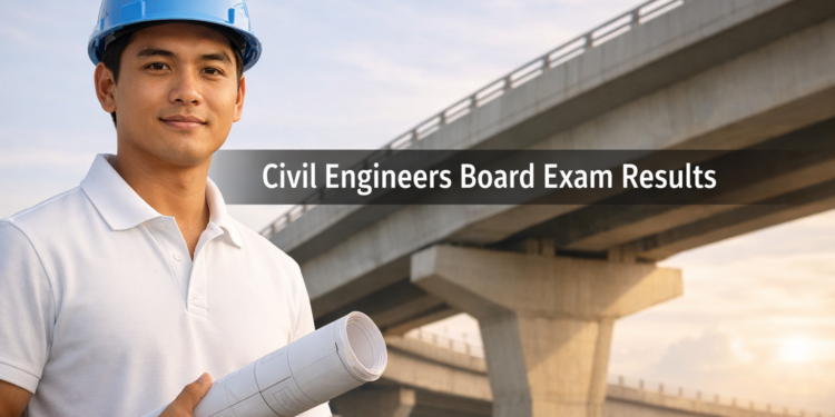 A young Filipino civil engineer in a hard hat and white polo shirt holds a blueprint in front of a modern bridge structure, representing the PRC civil engineers board exam results page on WisePH.