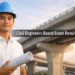 A young Filipino civil engineer in a hard hat and white polo shirt holds a blueprint in front of a modern bridge structure, representing the PRC civil engineers board exam results page on WisePH.