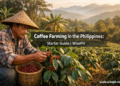 A Filipino farmer in a salakot hat selectively picking ripe red coffee cherries on a hillside farm with banana and shade trees in the background.