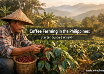 A Filipino farmer in a salakot hat selectively picking ripe red coffee cherries on a hillside farm with banana and shade trees in the background.