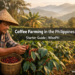 A Filipino farmer in a salakot hat selectively picking ripe red coffee cherries on a hillside farm with banana and shade trees in the background.