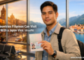 A Filipino man holds an open Philippine passport with a Japan visa stamp at an airport, with split views of Mexico City and Montenegro visible through the windows behind him.