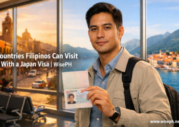A Filipino man holds an open Philippine passport with a Japan visa stamp at an airport, with split views of Mexico City and Montenegro visible through the windows behind him.