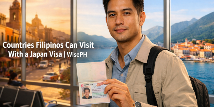 A Filipino man holds an open Philippine passport with a Japan visa stamp at an airport, with split views of Mexico City and Montenegro visible through the windows behind him.