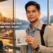 A Filipino man holds an open Philippine passport with a Japan visa stamp at an airport, with split views of Mexico City and Montenegro visible through the windows behind him.