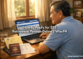 A Filipino man in his 60s applying for SSS retirement pension online on a laptop at home, with a PSA birth certificate and passport beside him.
