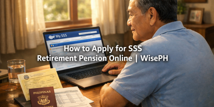 A Filipino man in his 60s applying for SSS retirement pension online on a laptop at home, with a PSA birth certificate and passport beside him.