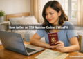 A young Filipino woman registers for her SSS number online on a laptop, with her passport and PSA Birth Certificate on the desk beside her.