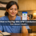 A Filipino OFW nurse in scrubs checks her Pag-IBIG payment confirmation on her phone while sitting in an apartment abroad.