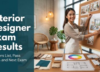 A Filipino interior design graduate pinning a hand-rendered room perspective beside material samples, with the text "Interior Designer Exam Results."