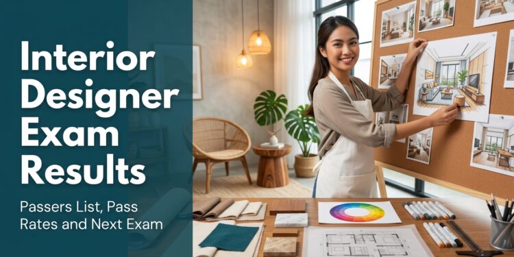 A Filipino interior design graduate pinning a hand-rendered room perspective beside material samples, with the text "Interior Designer Exam Results."