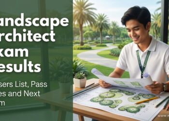 A Filipino landscape architecture graduate at a drafting table with a planting plan, beside the text "Landscape Architect Exam Results."