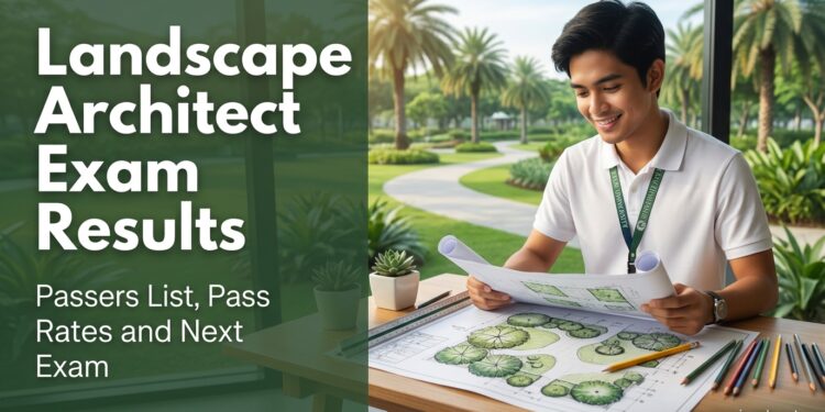 A Filipino landscape architecture graduate at a drafting table with a planting plan, beside the text "Landscape Architect Exam Results."