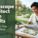 A Filipino landscape architecture graduate at a drafting table with a planting plan, beside the text "Landscape Architect Exam Results."