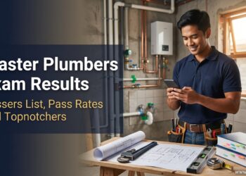 A Filipino master plumber with a tool belt smiles at his phone at a construction site with exposed pipes, checking the master plumbers exam results.