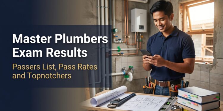 A Filipino master plumber with a tool belt smiles at his phone at a construction site with exposed pipes, checking the master plumbers exam results.