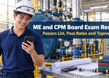 A young Filipino mechanical engineering graduate in a hard hat smiles at his phone inside an industrial plant room, checking the ME and CPM board exam results. - Image title: ME and CPM Board Exam Results