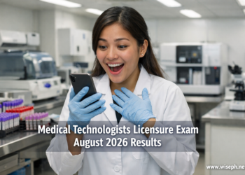 A young Filipino medical technologist in a white lab coat reacts with joy and relief while checking the PRC MTLE August 2026 results on her smartphone inside a clinical laboratory