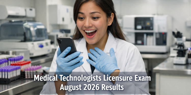 A young Filipino medical technologist in a white lab coat reacts with joy and relief while checking the PRC MTLE August 2026 results on her smartphone inside a clinical laboratory