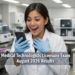 A young Filipino medical technologist in a white lab coat reacts with joy and relief while checking the PRC MTLE August 2026 results on her smartphone inside a clinical laboratory