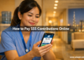 A Filipino OFW nurse in Dubai checking her SSS contribution payment status on the My.SSS mobile app during a hospital break.