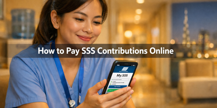 A Filipino OFW nurse in Dubai checking her SSS contribution payment status on the My.SSS mobile app during a hospital break.