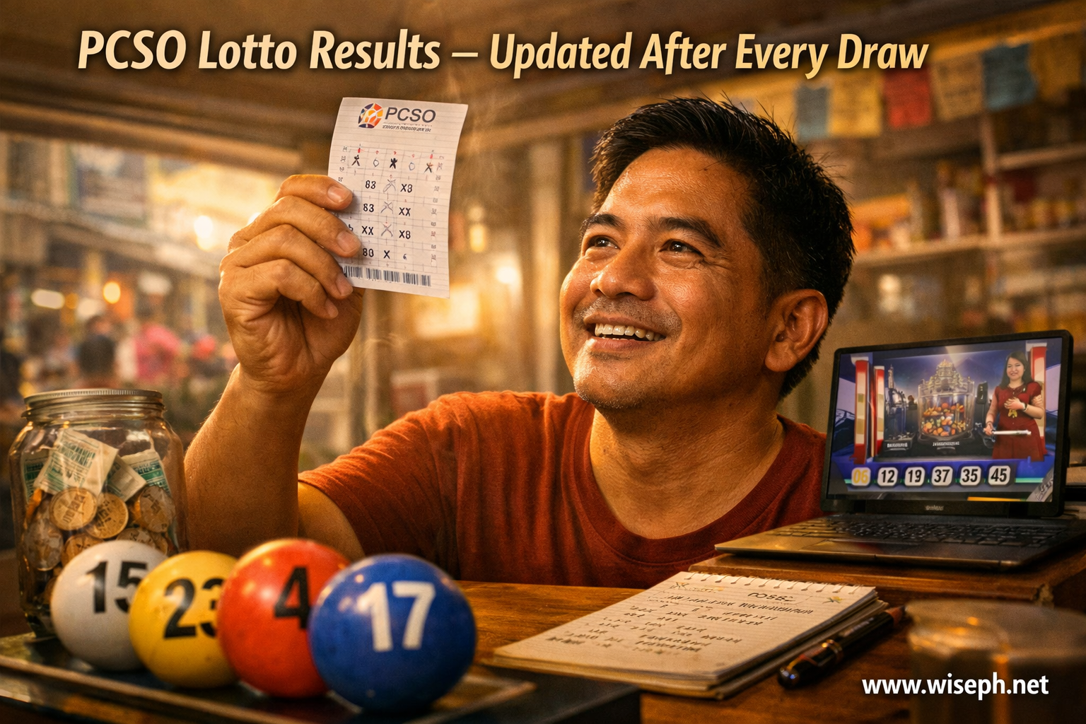 A Filipino man holds a PCSO lotto ticket at a local lotto outlet, with numbered lottery balls on the counter
 and a draw result shown on a screen in the background.