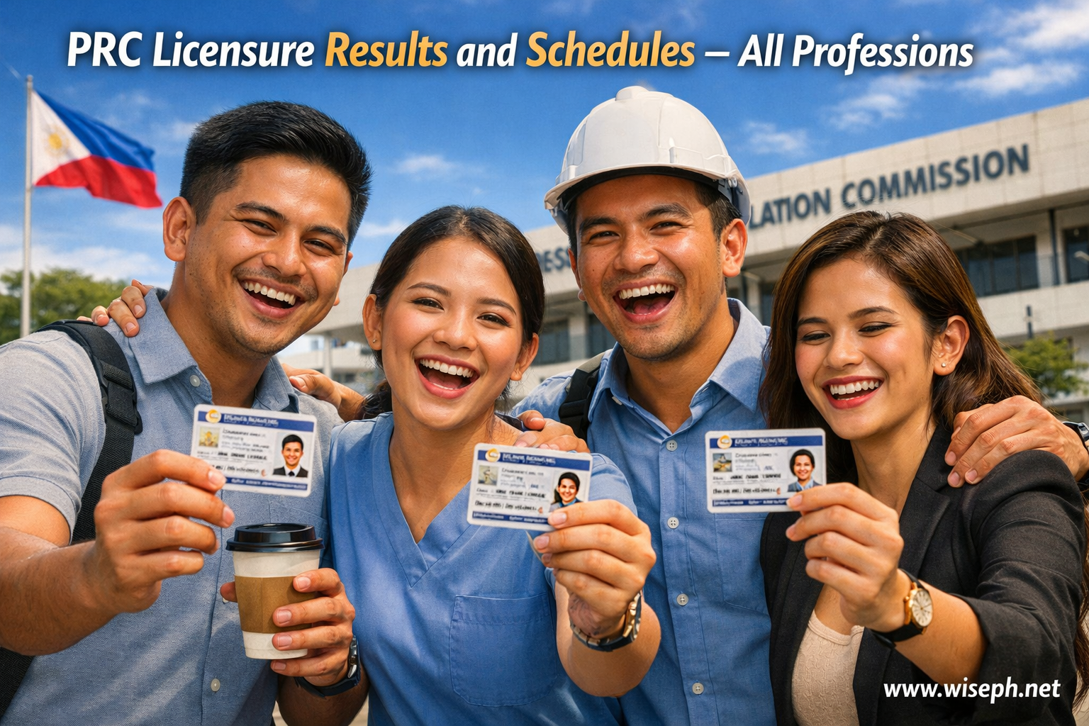 A group of newly licensed Filipino professionals from different fields hold up their PRC ID cards and
 celebrate together outside a government building.