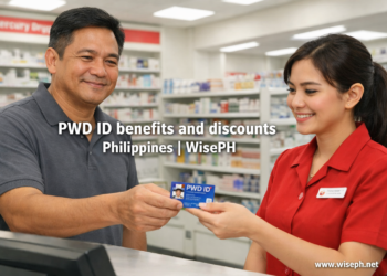 A Filipino man presents his PWD ID card to a cashier at a Mercury Drug pharmacy in the Philippines to claim the 20% discount and VAT exemption under RA 10754.