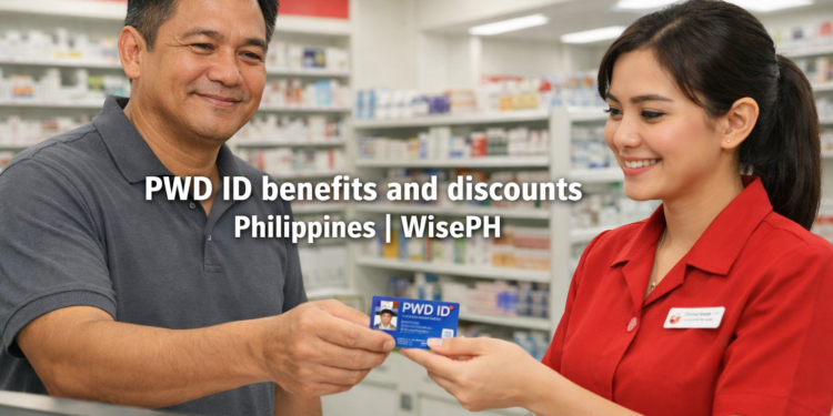 A Filipino man presents his PWD ID card to a cashier at a Mercury Drug pharmacy in the Philippines to claim the 20% discount and VAT exemption under RA 10754.