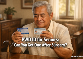 A Filipino senior man seated at a home table holds a PWD ID and a Senior Citizen ID, representing the question of whether seniors who had surgery can qualify for both IDs.